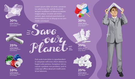 Vector Info Chart Or Infographics. Conceptual Image Of Different Recycling Garbage. Man With Laptop And Inscription Save Our Planetのイラスト素材