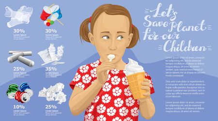 Vector Info Chart Or Infographics. Conceptual Image Of Different Recycling Garbage. Girl With Ice Cream And Inscription Lets Save Planet For Our Childrenのイラスト素材