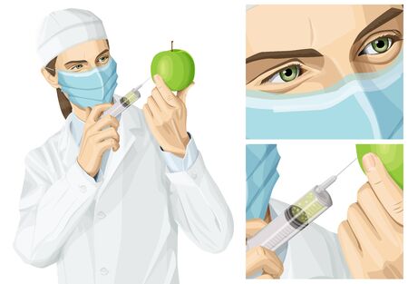Coronavirus vector concept. Woman with mask on her face. Vector scientist woman does gmo injection to an appleのイラスト素材