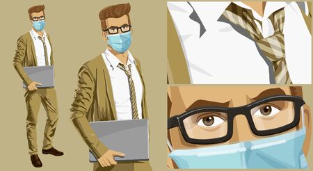 Coronavirus vector concept. Man with mask on his face. Vector hipster business man with laptop in his handsのイラスト素材