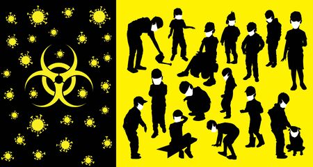 Coronavirus vector concept. Children with masks on their faces. Vector silhouettes of kids and children. Kids in the parkのイラスト素材