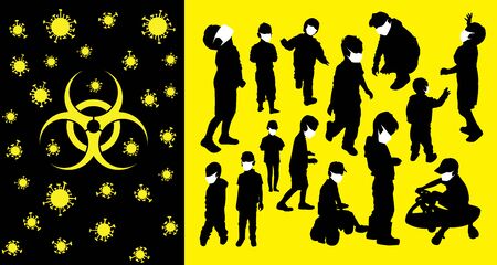Coronavirus vector concept. Children with masks on their faces. Vector silhouettes of kids and children. Kids in the parkのイラスト素材