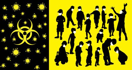 Coronavirus vector concept. Children with masks on their faces. Vector silhouettes of kids and children. Kids in the parkのイラスト素材