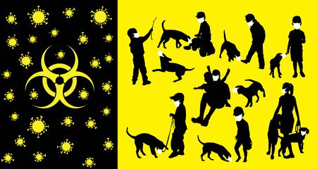 Coronavirus vector concept. Family with masks on their faces. Vector silhouettes of kids and children. Kids and family with dogのイラスト素材