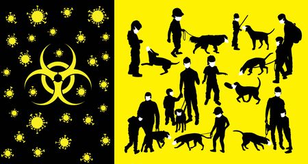 Coronavirus vector concept. Family with masks on their faces. Vector silhouettes of kids and children. Kids and family with dogのイラスト素材