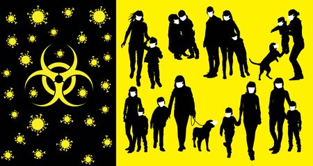 Coronavirus vector concept. Family with masks on their faces. Vector silhouettes of kids and children. Kids with parents. Happy familyのイラスト素材