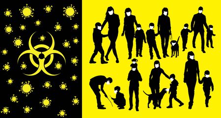 Coronavirus vector concept. Family with masks on their faces. Vector silhouettes of kids and children. Kids with parents. Happy familyのイラスト素材