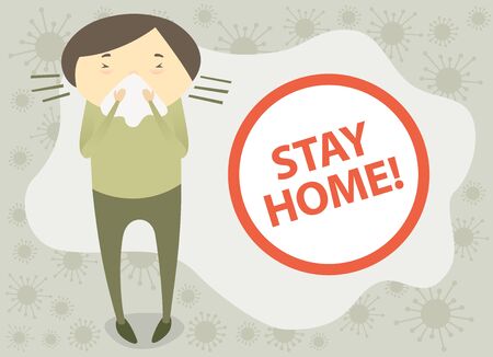 Sick Man Feels Himself Really Bad. Coronavirus Vector Quarantine Concept. Please Stay Homeのイラスト素材