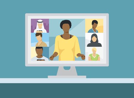Lockdown People Work At Home. Vector Coronavirus Quarantine Concept. People On Self Isolation Make Video Call Conferenceのイラスト素材