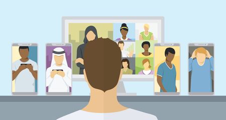 Lockdown People Work At Home. Vector Coronavirus Quarantine Concept. People On Self Isolation Make Video Call Conferenceのイラスト素材
