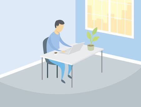 Man Works At Home. Vector Flat Coronavirus Quarantine Concept. Man On Self Isolation And Stays Homeのイラスト素材