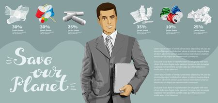 Vector Info Chart Or Infographics. Conceptual Image Of Different Recycling Garbage. Man With Laptop And Inscription Save Our Planetのイラスト素材