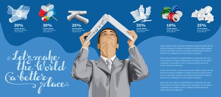 Vector Info Chart Or Infographics. Conceptual Image Of Different Recycling Garbage. Man With Laptop And Inscription Lets Make The World A Better Placeのイラスト素材