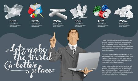 Vector Info Chart Or Infographics. Conceptual Image Of Different Recycling Garbage. Man With Laptop And Inscription Lets Make The World A Better Placeのイラスト素材