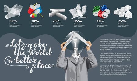 Vector Info Chart Or Infographics. Conceptual Image Of Different Recycling Garbage. Lamp Head Man With Laptop And Inscription Lets Make The World A Better Placeのイラスト素材