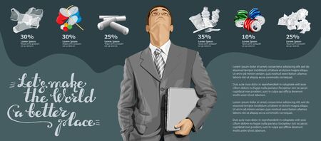 Vector Info Chart Or Infographics. Conceptual Image Of Different Recycling Garbage. Man With Laptop And Inscription Lets Make The World A Better Placeのイラスト素材