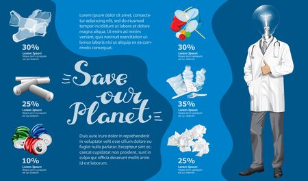 Vector Info Chart Or Infographics. Conceptual Image Of Different Recycling Garbage. Lamp Head Doctor Man And Inscription Save Our Planetのイラスト素材