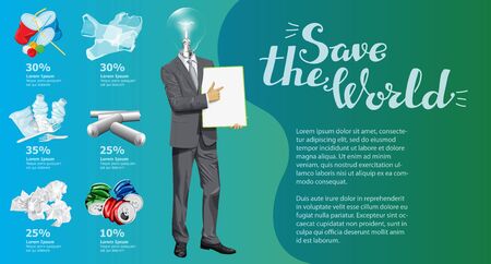 Vector Info Chart Or Infographics. Conceptual Image Of Different Recycling Garbage. Lamp Head Man With Empty Board Or Poster And Inscription Save The Worldのイラスト素材