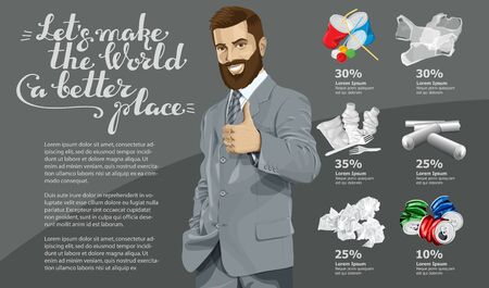 Vector Info Chart Or Infographics. Conceptual Image Of Different Recycling Garbage. Man And Inscription Lets Make The World A Better Placeのイラスト素材