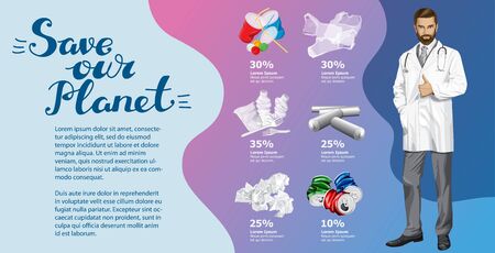 Vector Info Chart Or Infographics. Conceptual Image Of Different Recycling Garbage. Doctor Man And Inscription Lets Make The World A Better Placeのイラスト素材