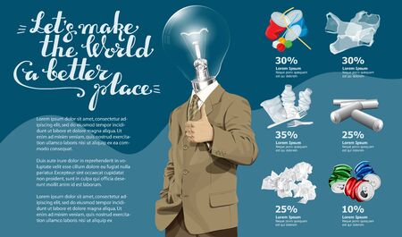 Vector Info Chart Or Infographics. Conceptual Image Of Different Recycling Garbage. Lamp Head Man And Inscription Lets Make The World A Better Placeのイラスト素材