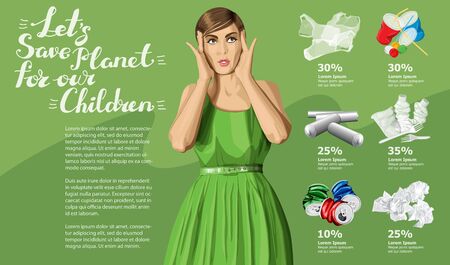 Vector Info Chart Or Infographics. Conceptual Image Of Different Recycling Garbage. Woman in Dress And Inscription Lets Save Planet For Our Childrenのイラスト素材