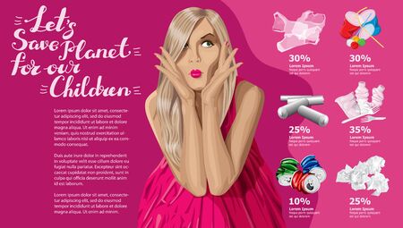 Vector Info Chart Or Infographics. Conceptual Image Of Different Recycling Garbage. Woman in Dress And Inscription Lets Save Planet For Our Childrenのイラスト素材