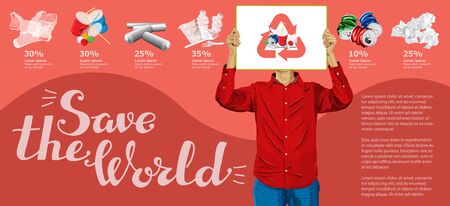 Vector Info Chart Or Infographics. Conceptual Image Of Different Recycling Garbage. Man With Empty Board Or Poster And Inscription Save The Worldのイラスト素材
