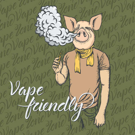 Pig vector concept. Pig smoking or vaping an electronic cigarette, in human suitのイラスト素材