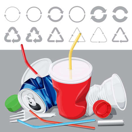 Vector Recycling Signs. Conceptual Image Of Different Recycling Signs with Garbage On The Groundのイラスト素材