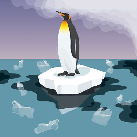 Vector Flat Isometric Environment Pollution And Global Warming Illustration. Melting Iceberg And Penguin With Plastic Garbage In The Water. Conceptual Image Of Melting Glacier With Polar Penguin And Plastic Garbageのイラスト素材