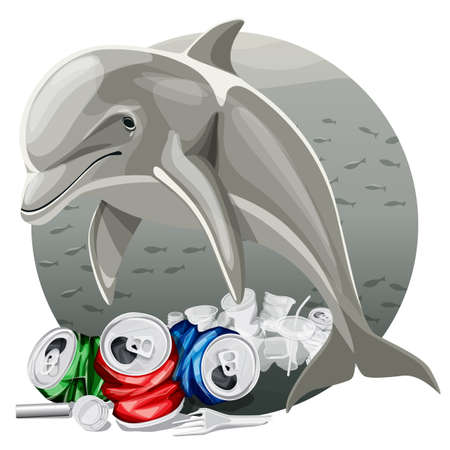 Vector Environment Pollution Illustration Of Dolphin. Ocean pollution. Ocean With Plastic Garbage And Dolphinのイラスト素材