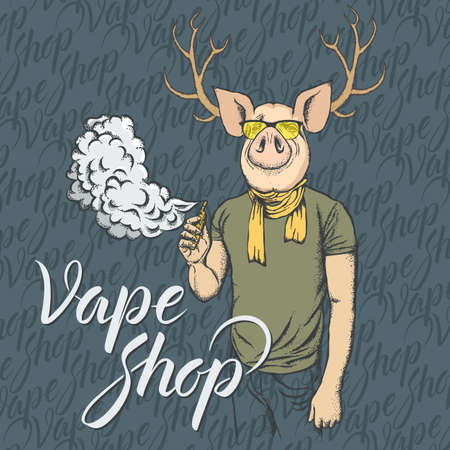 Pig vector concept. Pig smoking or vaping an electronic cigarette, in human suitのイラスト素材
