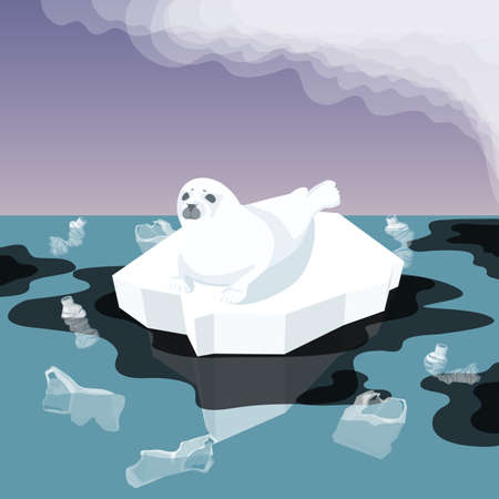 Vector Flat Isometric Environment Pollution And Global Warming Illustration. Melting Iceberg And And Fur Seal With Plastic Garbage, Oil In The Water. Conceptual Image Of Melting Glacierのイラスト素材