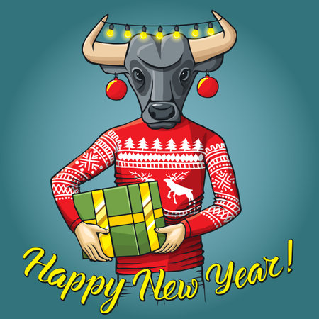 New Year Bull vector concept. Illustration of bull in human sweatshirt or sweater. Buffalo with gift and inscription happy new yearのイラスト素材