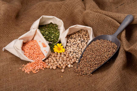 Lentils, peas and beans in white bags with metal scoop and yellow daisy on hessianの写真素材