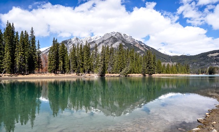 Reflections of mountain and forest in lake