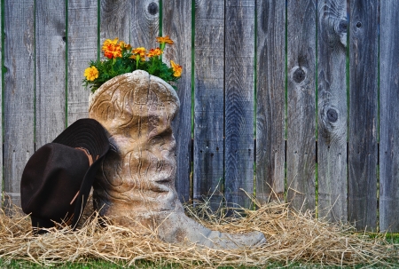 Blooming cowboy boot and hat against wooden fenceの写真素材