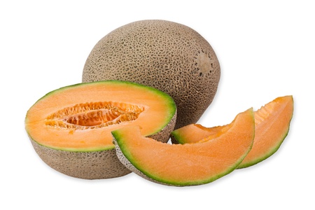 Cantaloupe melon and slices over white