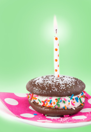 Birthday Whoopie pie with a candle, decorated with sprinkles and sugar. Light green background, shallow depth of field.の写真素材