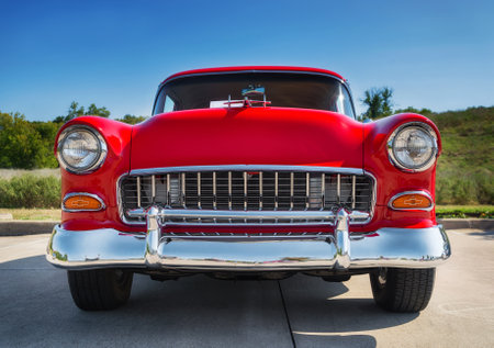 WESTLAKE, TEXAS - OCTOBER 18, 2014: A red 1955 Chevrolet 210 is on display at the 4th Annual Westlake Classic Car Show. Front view.のeditorial素材