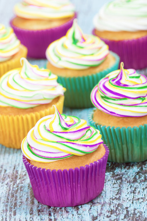 Colorful homemade Mardi Gras cupcakesの写真素材