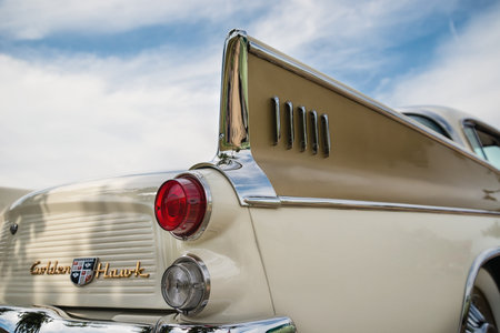 WESTLAKE, TEXAS - OCTOBER 17, 2015: Tail fin and taillight details of a 1957 Studebaker Golden Hawk classic car.のeditorial素材
