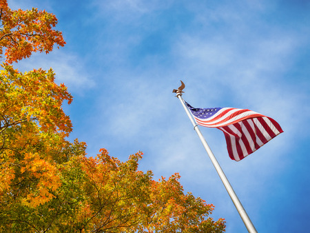 American flag waving in the wind with beautiful golden autumn tree tops. Blue sky in the background with copy space.の写真素材