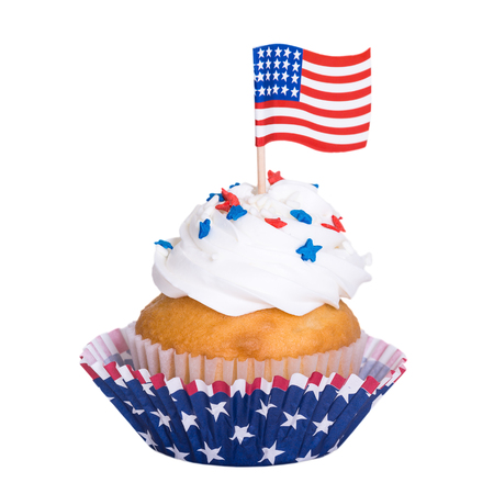 Patriotic 4th of July cupcake with flag, isolated on white backgroundの写真素材
