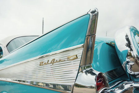 Westlake, Texas - October 21, 2017: Tail fin details of an aqua color 1957 Chevrolet Bel Air Hardtop classic car.のeditorial素材