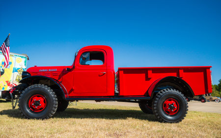 WESTLAKE, TEXAS - OCTOBER 19, 2019: Full side view of a red vintage 1948 Dodge Power Wagon classic truck.のeditorial素材