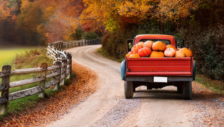 Red farm truck loaded with pumpkins, driving through beautiful autumn foliage landscape, winding country road.の素材