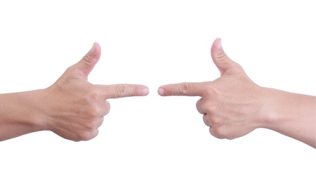 Man hand holds finger symbol on white background.