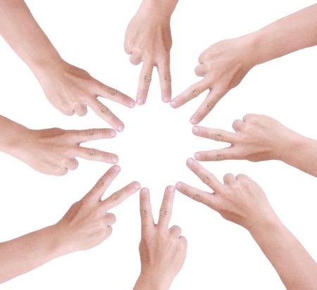 Man hand holds finger symbol on white background の写真素材